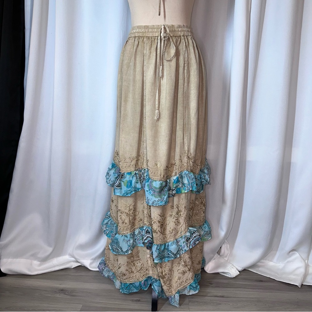 Vintage Maximalist Tiered Full Maxi Skirt Sz S/M? Maxi Ruffle Embroidered Boho